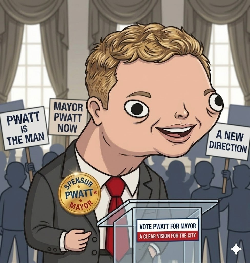 Spensur Pwatt cartoon mayoral candidate